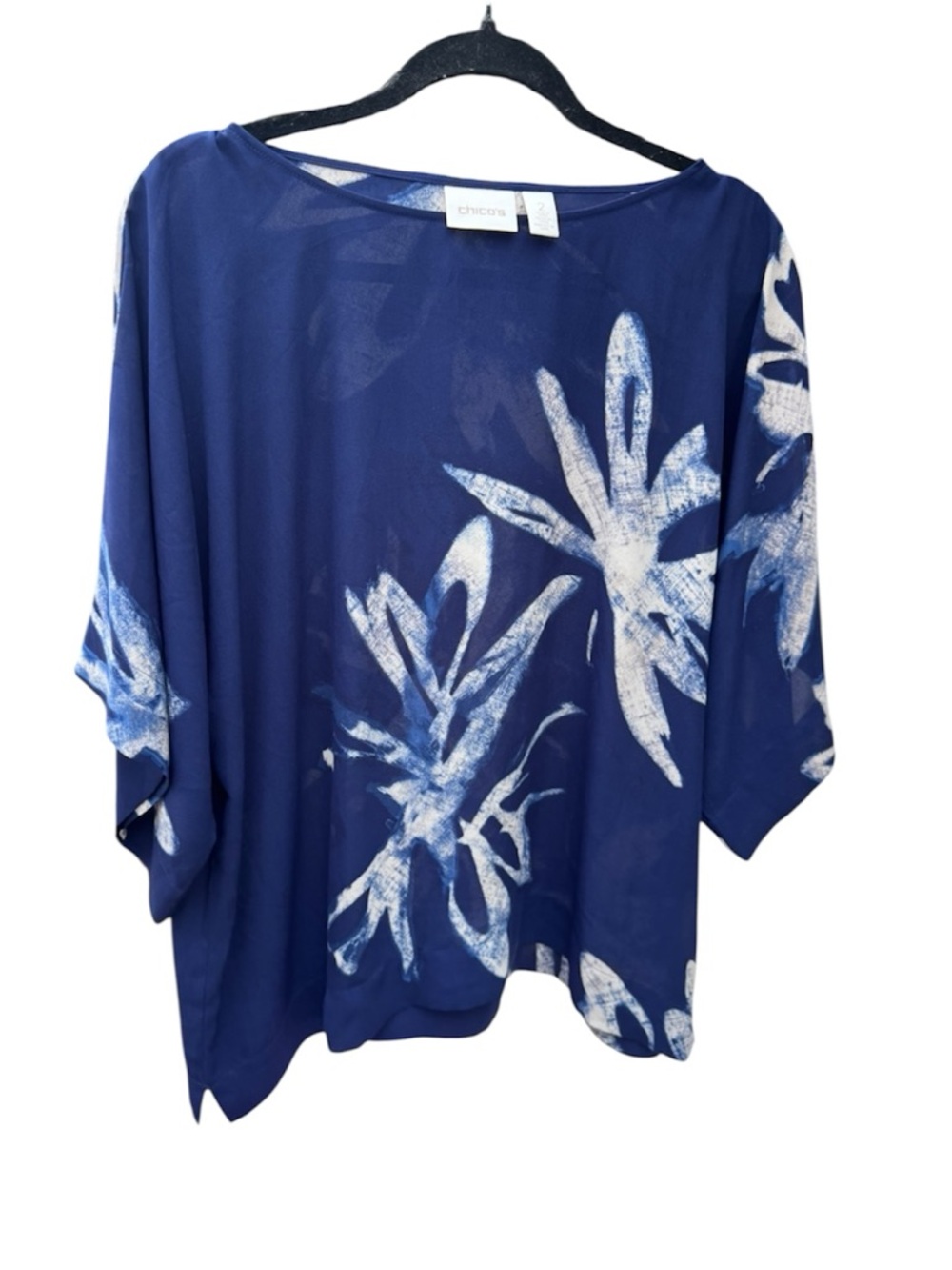 Chico's Navy Blue Botanical Floral Print Dolman Top sz 2